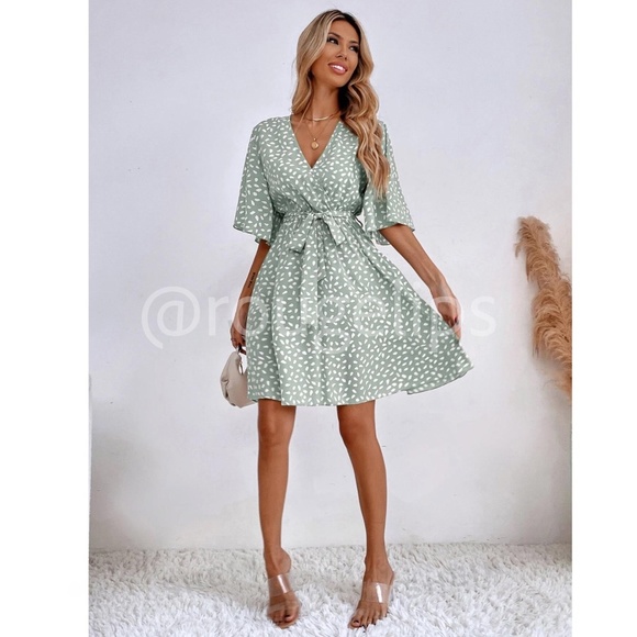 Mint Green All Over Print Dress Dalmatian, Spotted Faux Wrap, Tie Belt Mini - Picture 2 of 8